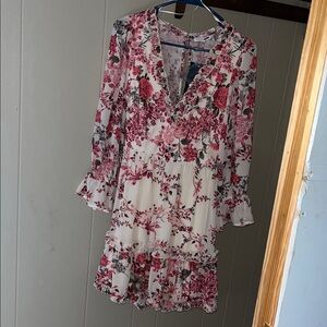 Fashion Novaa Pink and Red Floral V-Neck Dress